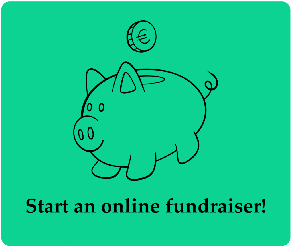 Green button depicting a sketch of a piggy bank with a coin falling into it. Text reads, "Start an online fundraiser!"