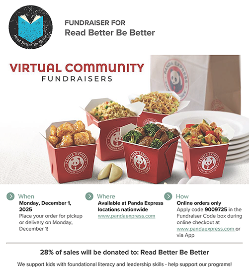 Image of a flyer that depicts Panda Express takeout meals and talks about the upcoming fundraiser for Read Better Be Better. Click the download button for full PDF flyer details.